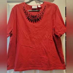 Alfred Dunner Red Short Sleeve Top with Beaded Neckline
